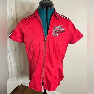 Harley Davidson red cotton embroidered zip up ladies shirt – M